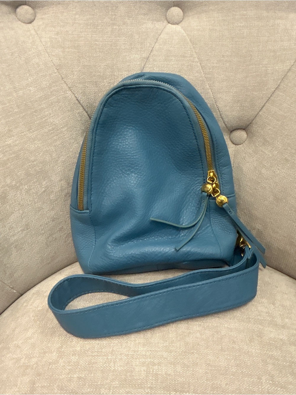 HOBO Blue Leather Crossbody Bag Mini Sling Purse Gold Hardware Adjustable Strap